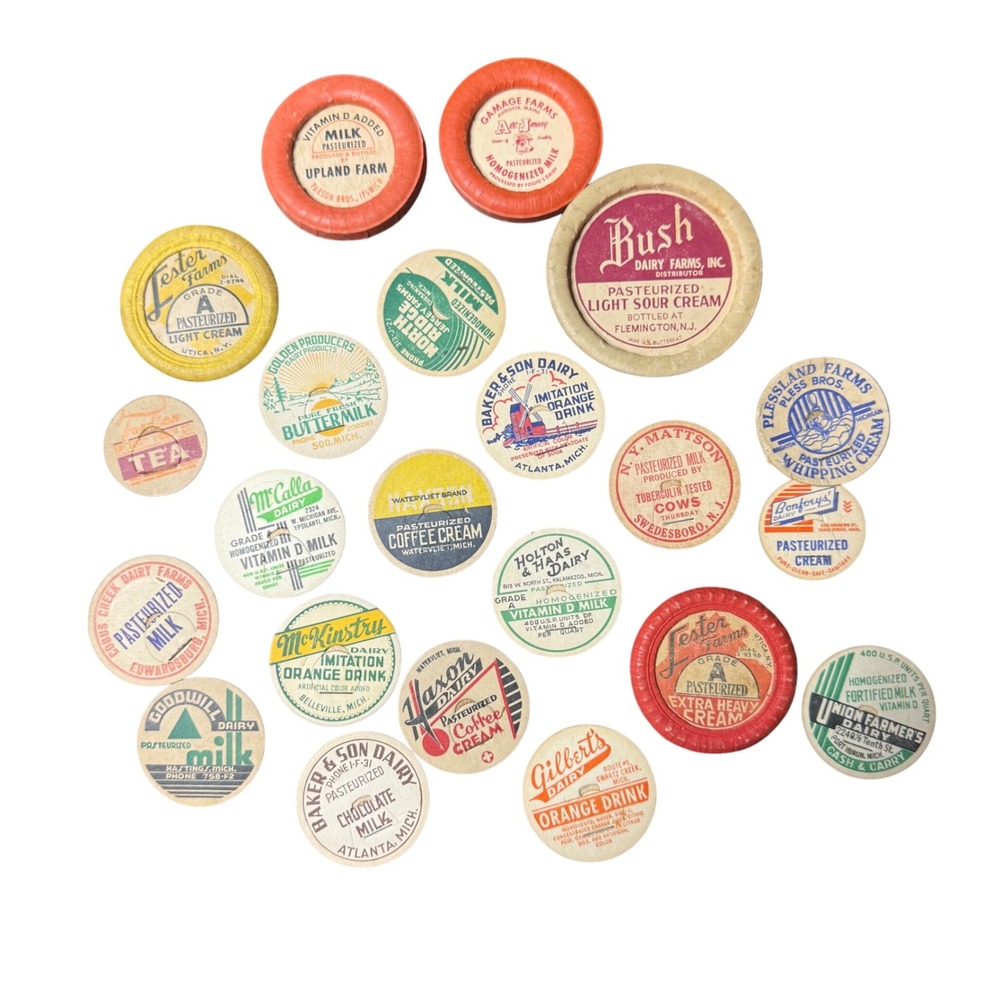 Vintage Milk Caps Collection Dairy Advertising Cardboard Bottle‎ Caps Lot
